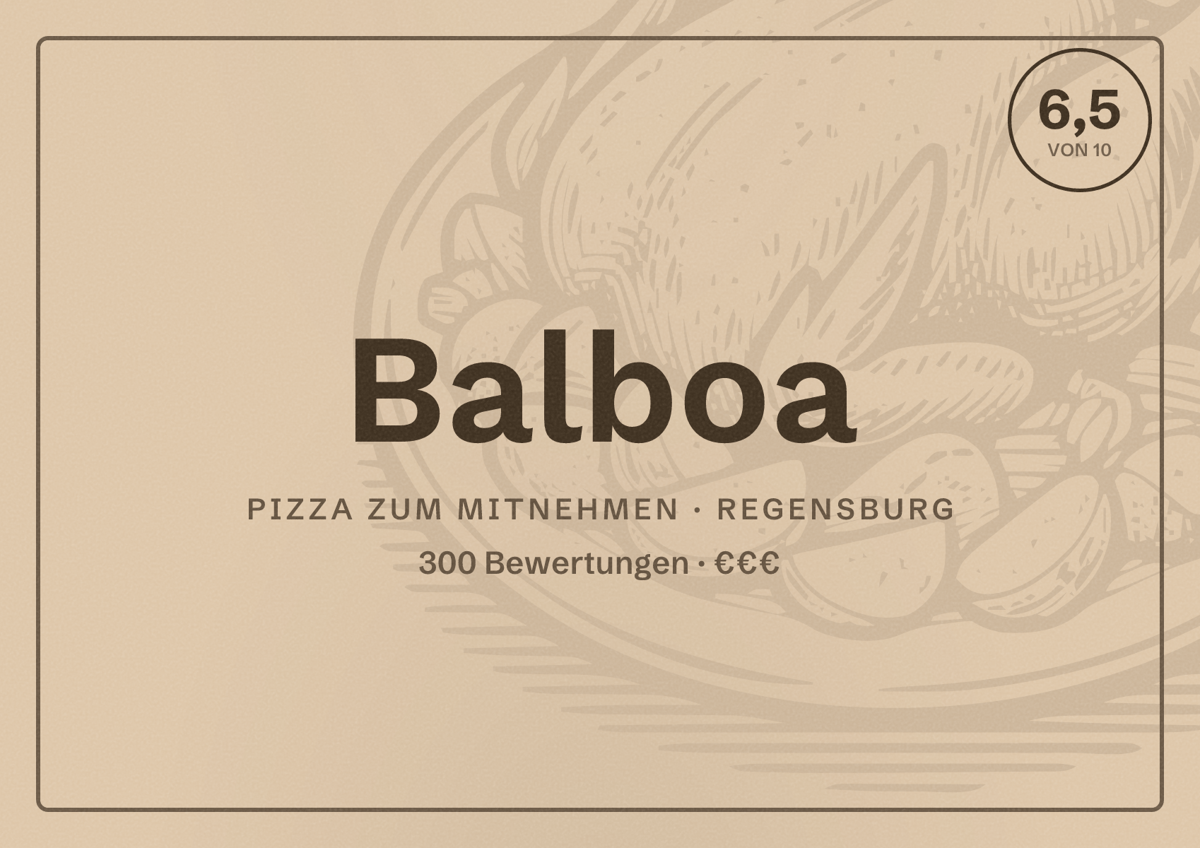 Illustriertes Poster von Balboa, Pizza zum Mitnehmen in Regensburg: Bewertung 6,5 von 10 aus 300 Bewertungen, Preisniveau €€€
