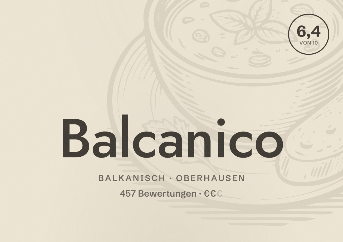Illustriertes Poster von Balcanico, Balkanisch in Oberhausen: Bewertung 6,4 von 10 aus 457 Bewertungen, Preisniveau €€