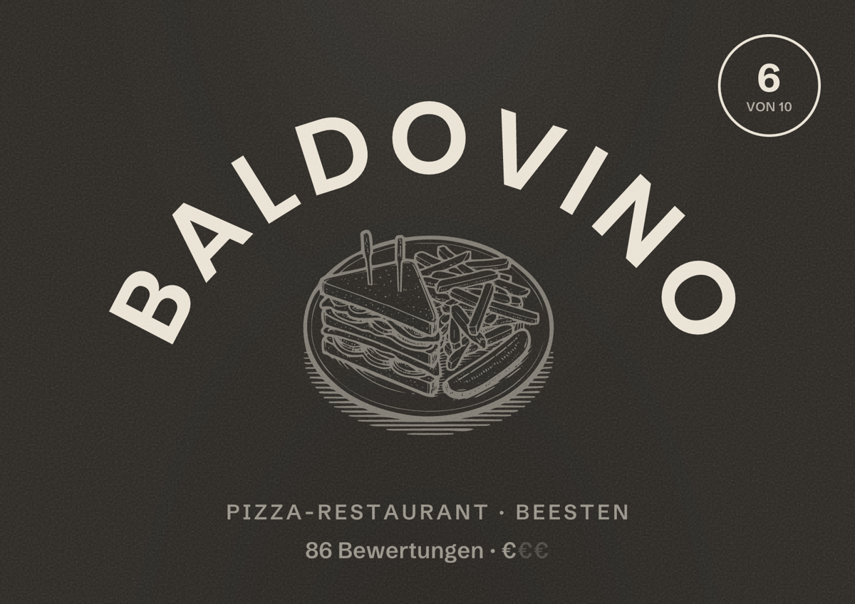 Illustriertes Poster von Baldovino, Pizza-Restaurant in Beesten: Bewertung 6 von 10 aus 86 Bewertungen, Preisniveau €