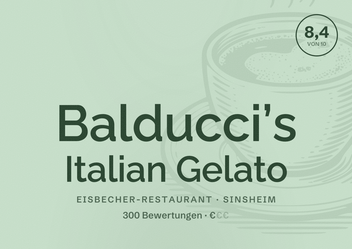 Illustriertes Poster von Balducci’s Italian Gelato, Eisbecher-Restaurant in Sinsheim: Bewertung 8,4 von 10 aus 300 Bewertungen, Preisniveau €