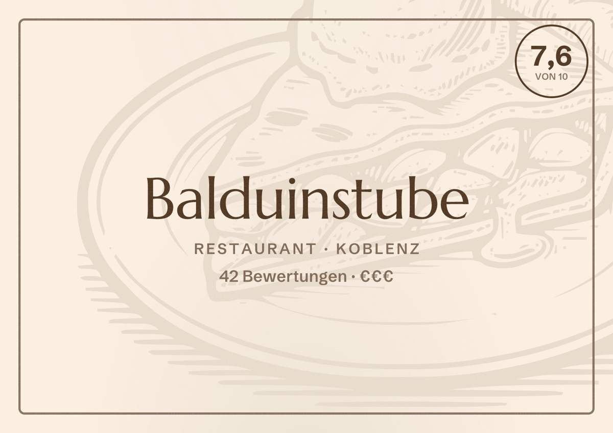 Illustriertes Poster von Balduinstube, Restaurant in Koblenz: Bewertung 7,6 von 10 aus 42 Bewertungen, Preisniveau €€€