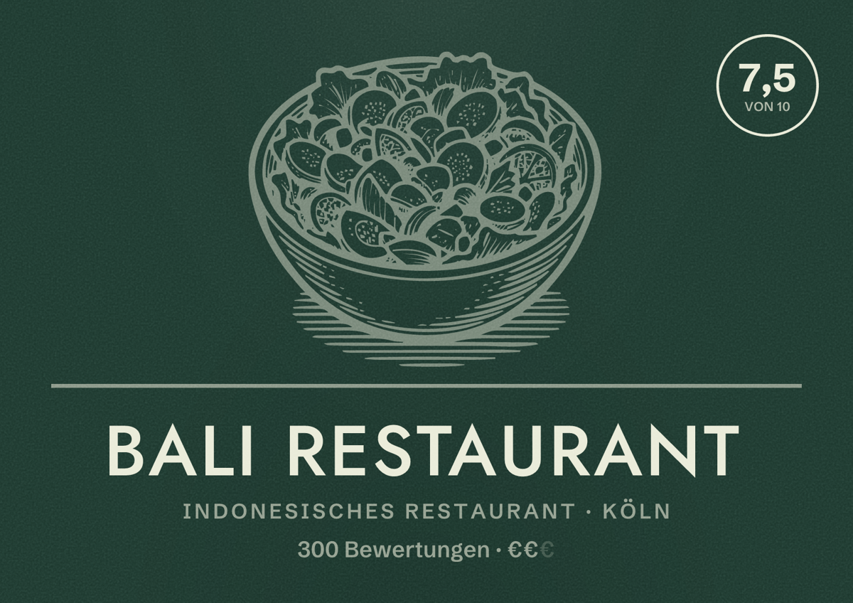 Illustriertes Poster von Bali Restaurant, Indonesisches Restaurant in Köln: Bewertung 7,5 von 10 aus 300 Bewertungen, Preisniveau €€