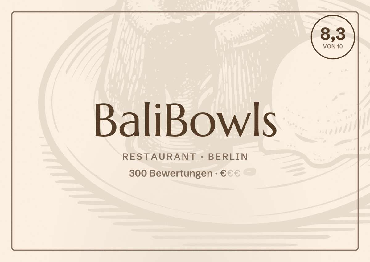 Illustriertes Poster von BaliBowls, Restaurant in Berlin: Bewertung 8,3 von 10 aus 300 Bewertungen, Preisniveau €