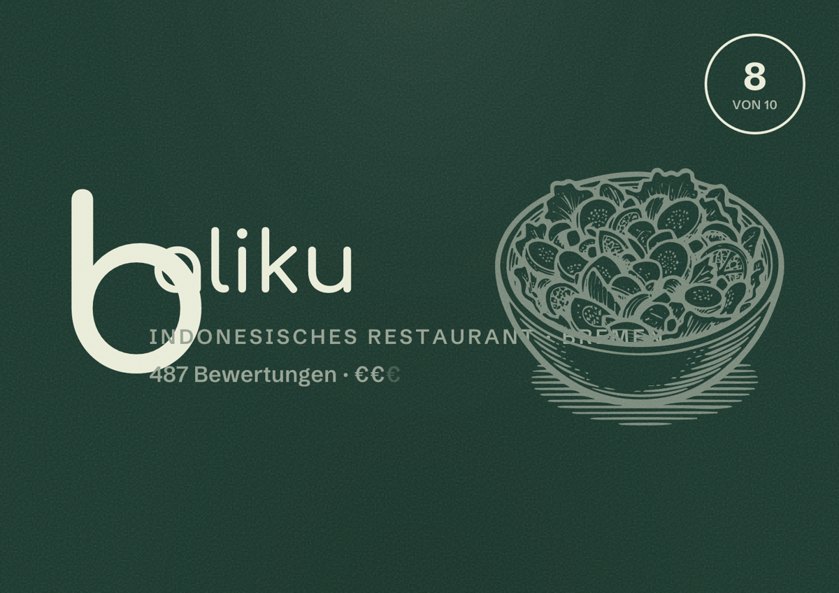 Illustriertes Poster von baliku, Indonesisches Restaurant in Bremen: Bewertung 8 von 10 aus 487 Bewertungen, Preisniveau €€