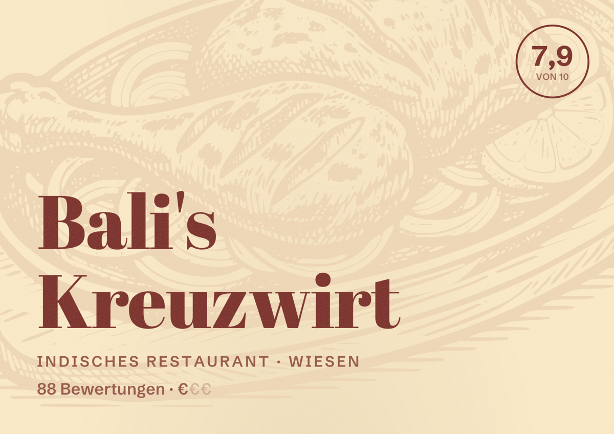 Illustriertes Poster von Bali's Kreuzwirt, Indisches Restaurant in Wiesen: Bewertung 7,9 von 10 aus 88 Bewertungen, Preisniveau €