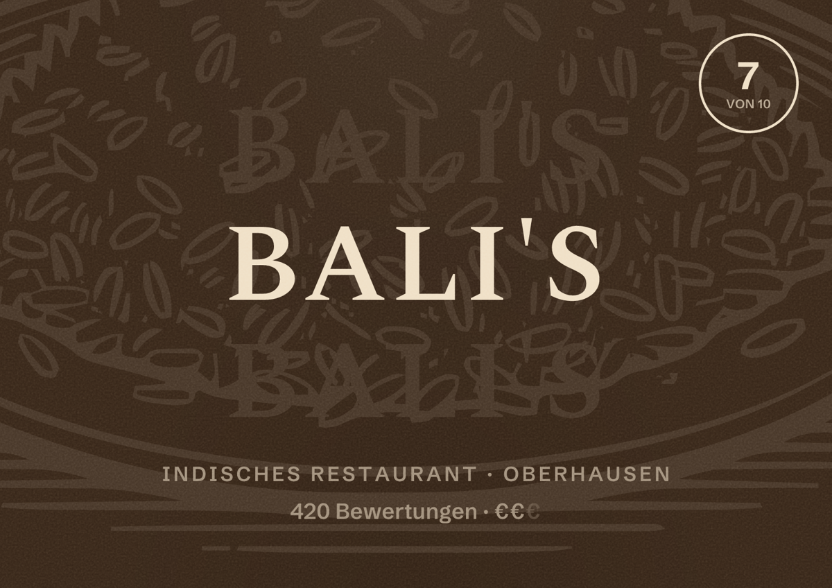 Illustriertes Poster von BALI'S, Indisches Restaurant in Oberhausen: Gästebewertung 7 von 10 aus 420 Bewertungen