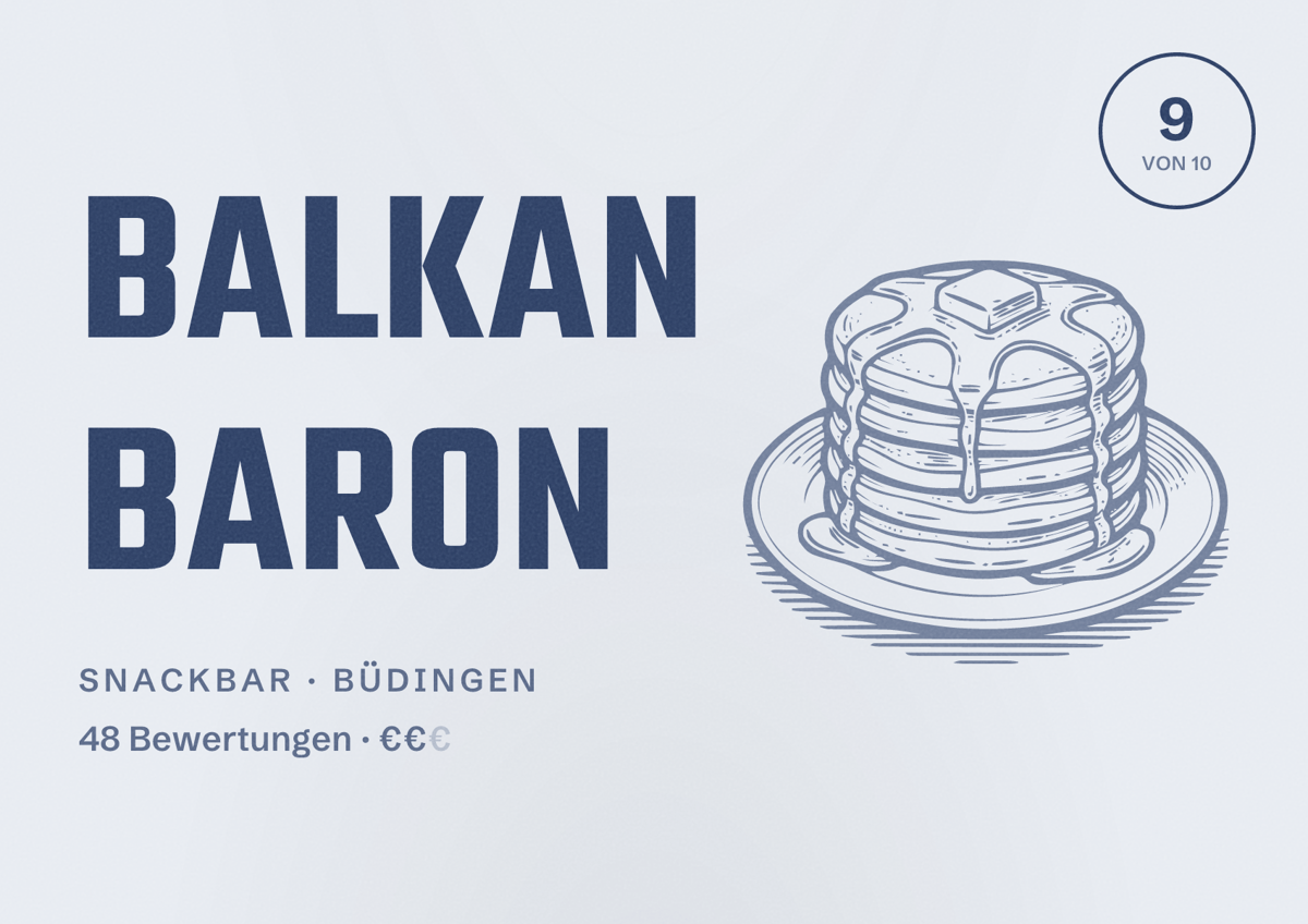 Illustriertes Poster von Balkan Baron, Snackbar in Büdingen: Bewertung 9 von 10 aus 48 Bewertungen, Preisniveau €€