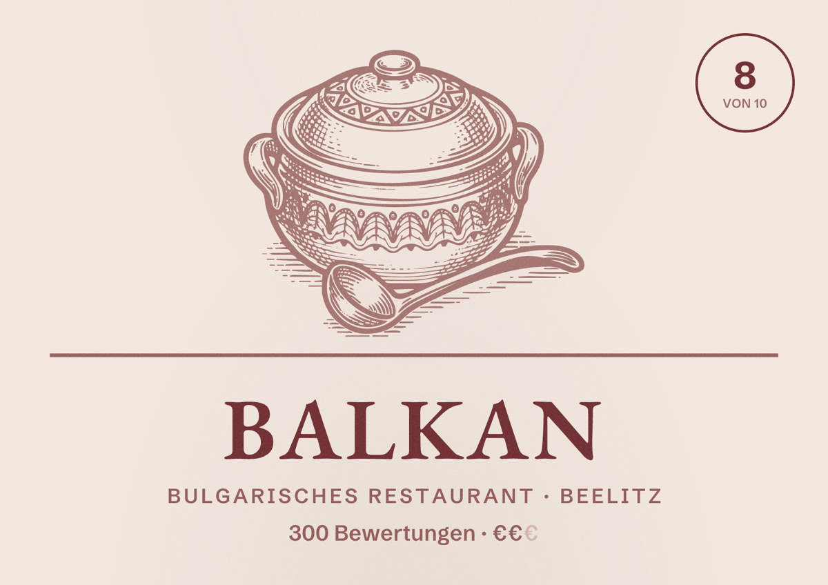 Illustriertes Poster von Balkan, Bulgarisches Restaurant in Beelitz: Bewertung 8 von 10 aus 300 Bewertungen, Preisniveau €€
