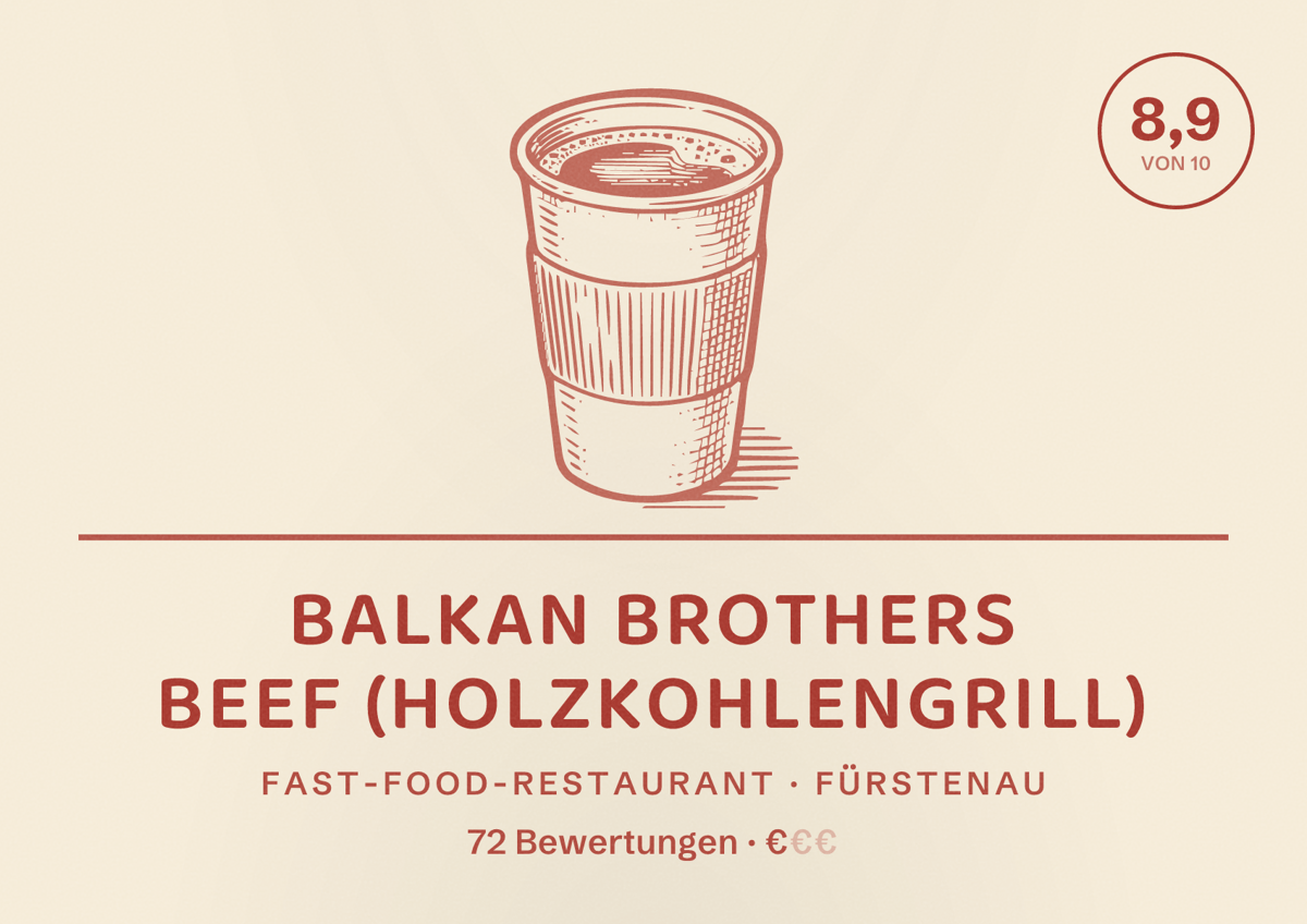 Illustriertes Poster von Balkan Brothers beef (Holzkohlengrill), Fast-Food-Restaurant in Fürstenau: Bewertung 8,9 von 10 aus 72 Bewertungen, Preisniveau €