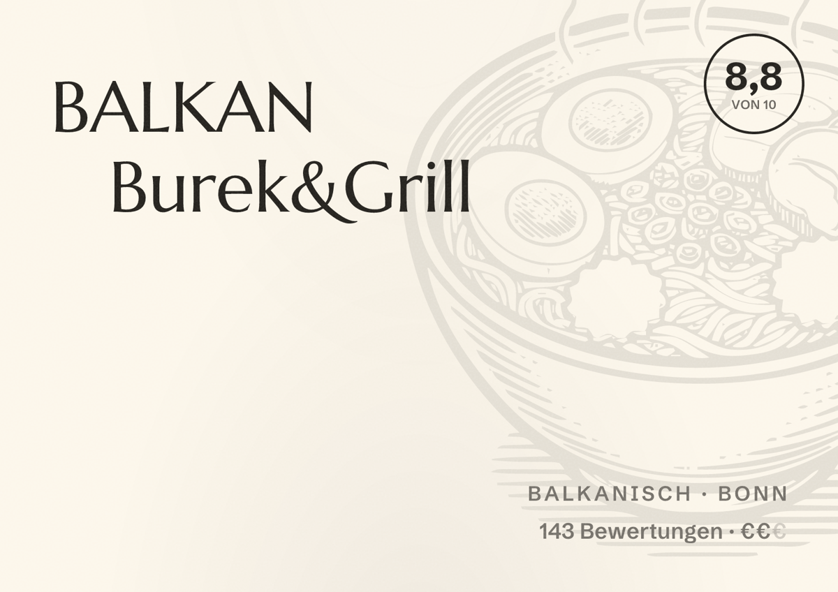 Illustriertes Poster von BALKAN Burek&Grill, Balkanisch in Bonn: Bewertung 8,8 von 10 aus 143 Bewertungen, Preisniveau €€