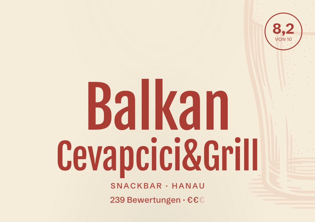 Illustriertes Poster von Balkan Cevapcici&Grill, Snackbar in Hanau: Bewertung 8,2 von 10 aus 239 Bewertungen, Preisniveau €€