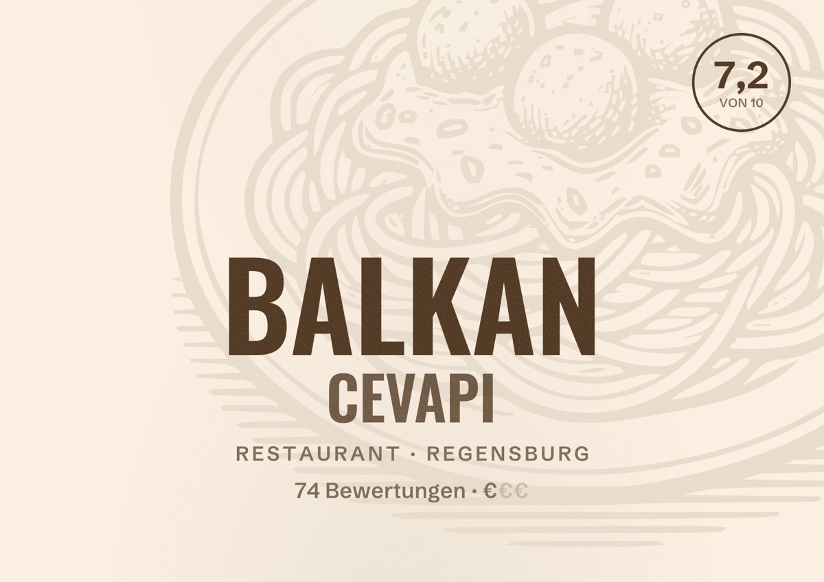 Illustriertes Poster von BALKAN CEVAPI, Restaurant in Regensburg: Bewertung 7,2 von 10 aus 74 Bewertungen, Preisniveau €