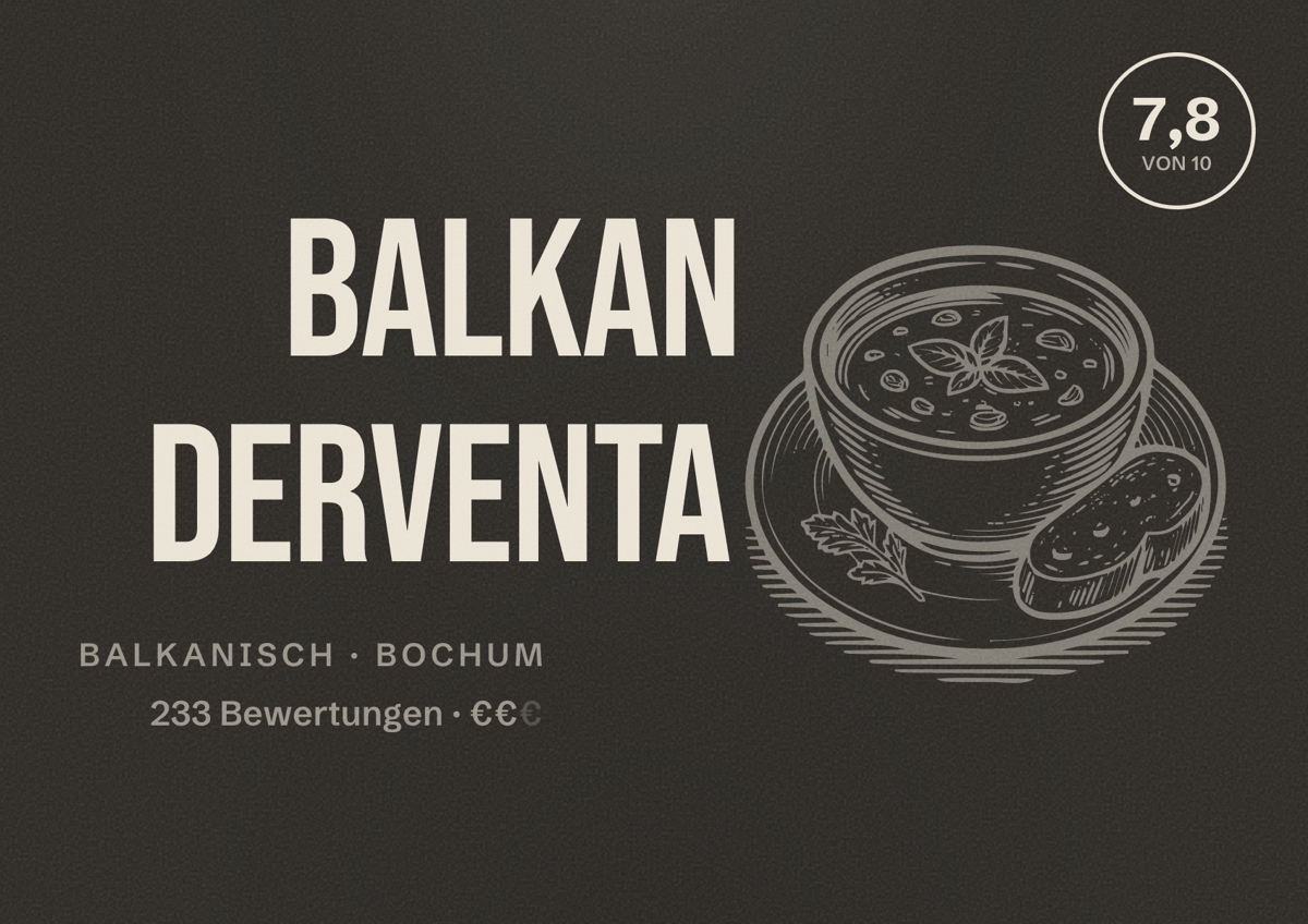 Illustriertes Poster von Balkan Derventa, Balkanisch in Bochum: Gästebewertung 7,8 von 10 aus 233 Bewertungen