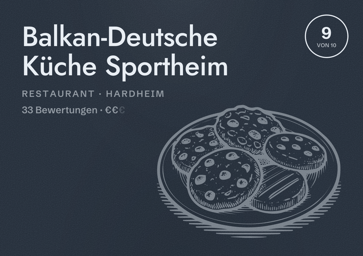 Illustriertes Poster von Balkan-Deutsche Küche Sportheim, Restaurant in Hardheim: Bewertung 9 von 10 aus 33 Bewertungen, Preisniveau €€