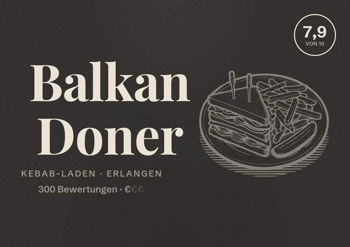 Illustriertes Poster von Balkan Doner, Kebab-Laden in Erlangen: Bewertung 7,9 von 10 aus 300 Bewertungen, Preisniveau €