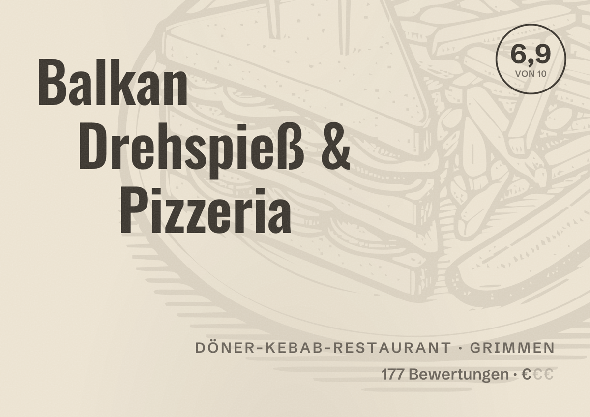 Illustriertes Poster von Balkan Drehspieß & Pizzeria, Döner-Kebab-Restaurant in Grimmen: Bewertung 6,9 von 10 aus 177 Bewertungen, Preisniveau €