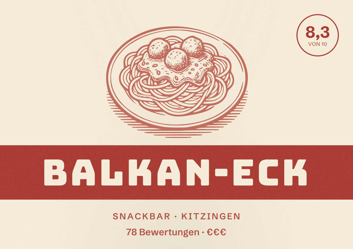 Illustriertes Poster von Balkan-Eck, Snackbar in Kitzingen: Bewertung 8,3 von 10 aus 78 Bewertungen, Preisniveau €€€