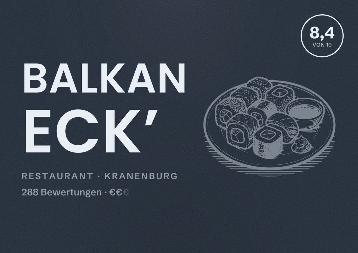 Illustriertes Poster von Balkan Eck’, Restaurant in Kranenburg: Bewertung 8,4 von 10 aus 288 Bewertungen, Preisniveau €€