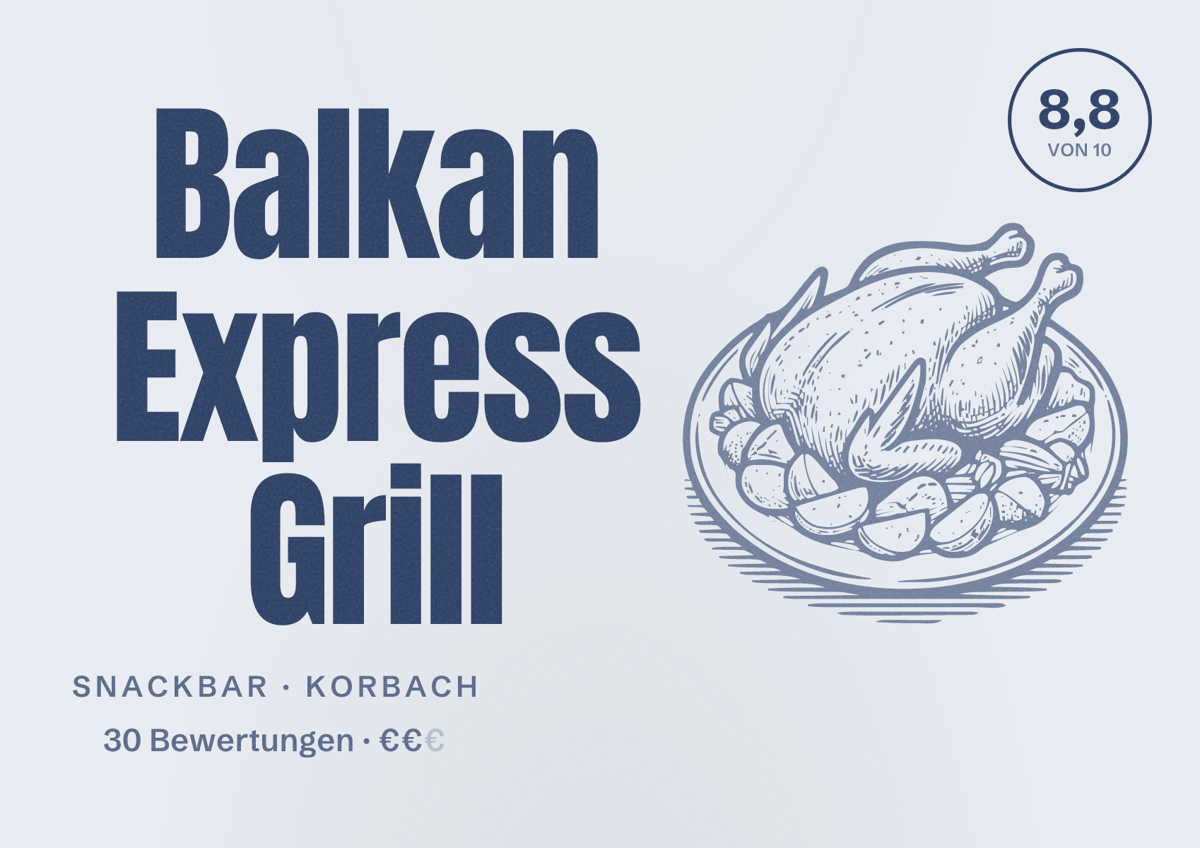 Illustriertes Poster von Balkan Express Grill, Snackbar in Korbach: Bewertung 8,8 von 10 aus 30 Bewertungen, Preisniveau €€