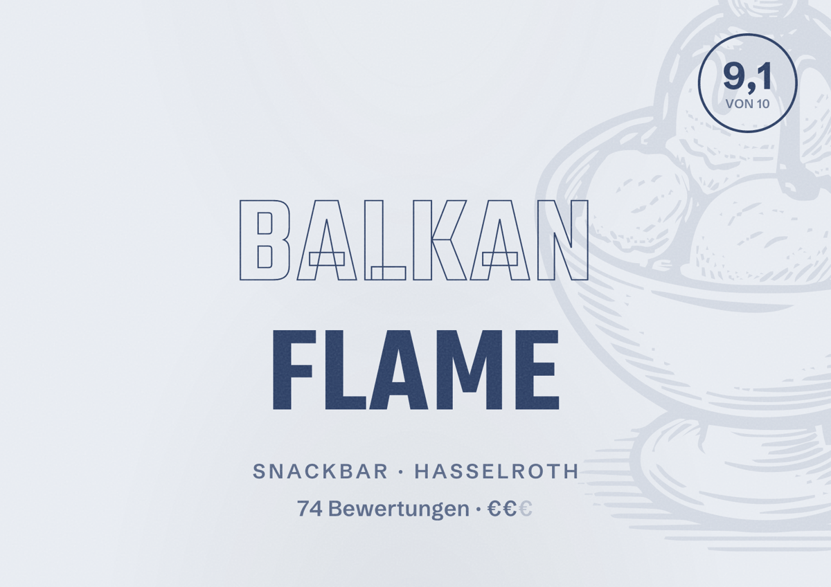 Illustriertes Poster von BALKAN FLAME, Snackbar in Hasselroth: Bewertung 9,1 von 10 aus 74 Bewertungen, Preisniveau €€