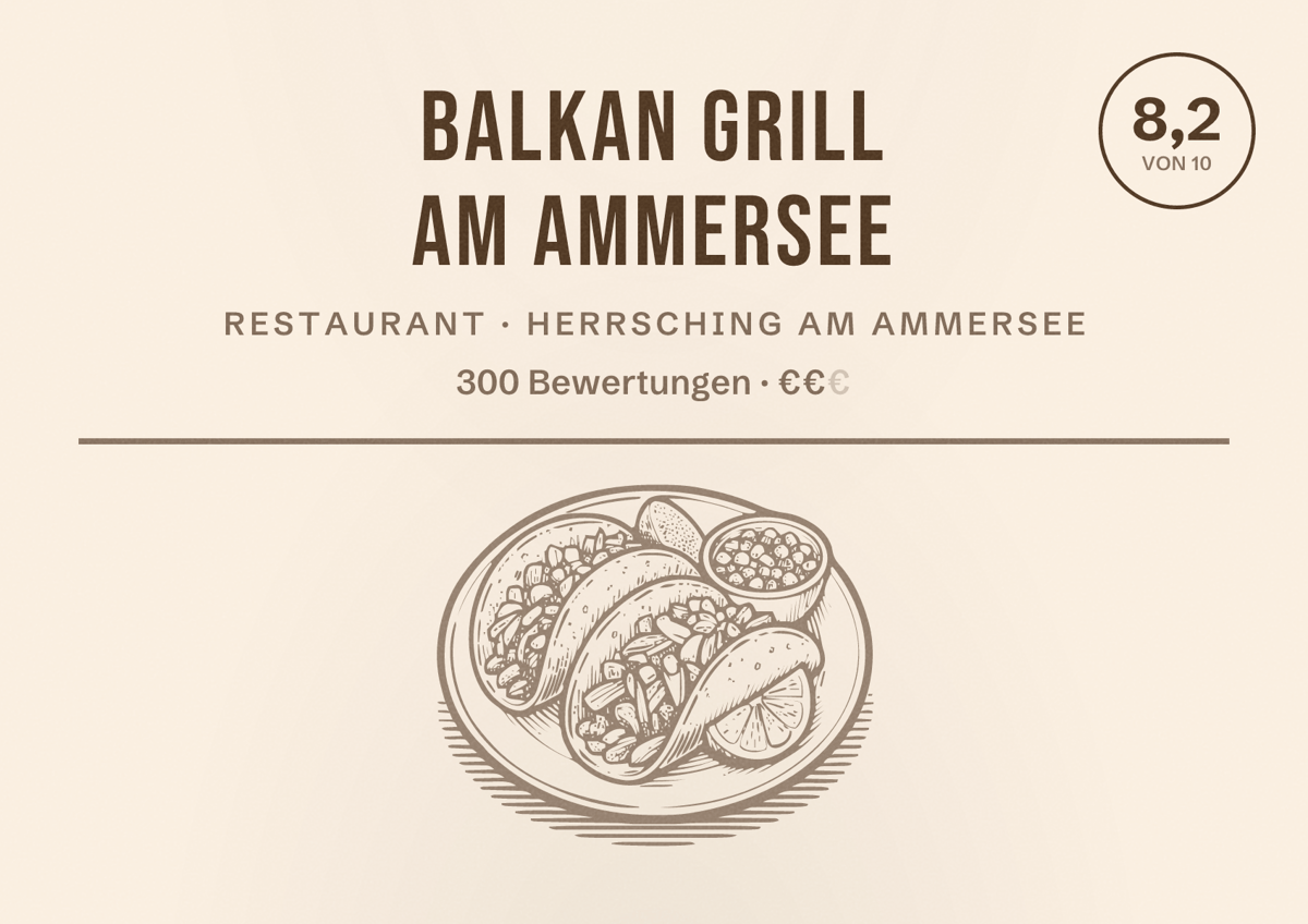 Illustriertes Poster von Balkan Grill am Ammersee, Restaurant in Herrsching am Ammersee: Bewertung 8,2 von 10 aus 300 Bewertungen, Preisniveau €€