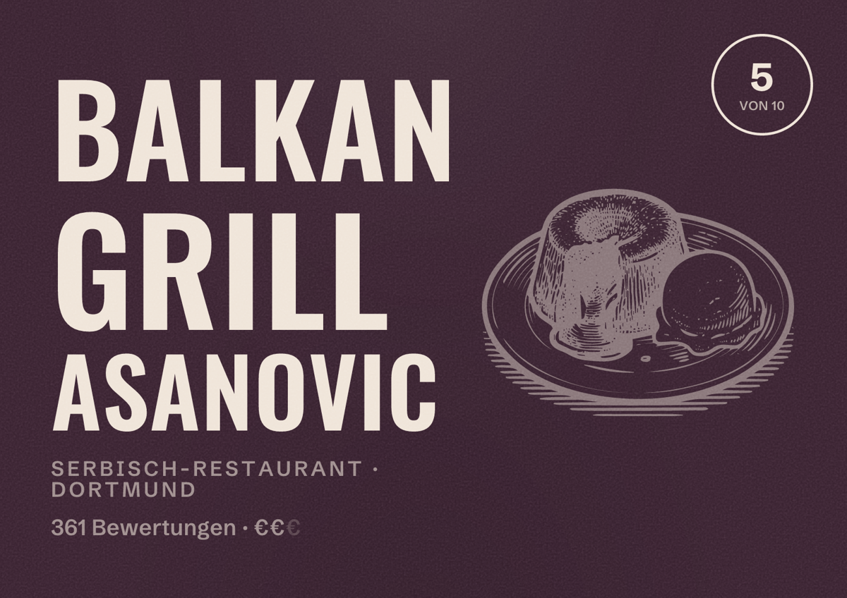 Illustriertes Poster von Balkan Grill Asanovic, Serbisch-Restaurant in Dortmund: Bewertung 5 von 10 aus 361 Bewertungen, Preisniveau €€