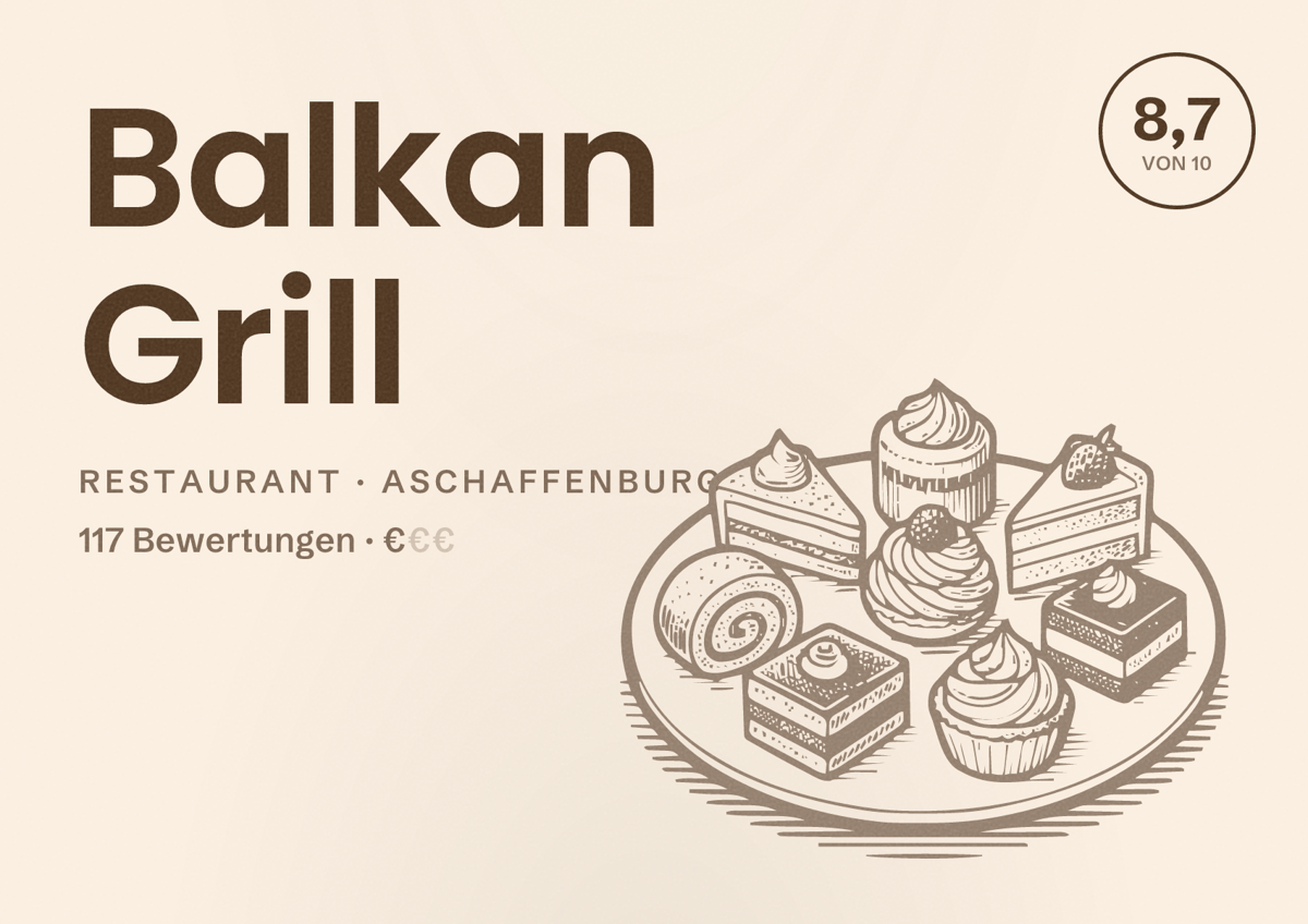 Illustriertes Poster von Balkan Grill, Restaurant in Aschaffenburg: Bewertung 8,7 von 10 aus 117 Bewertungen, Preisniveau €