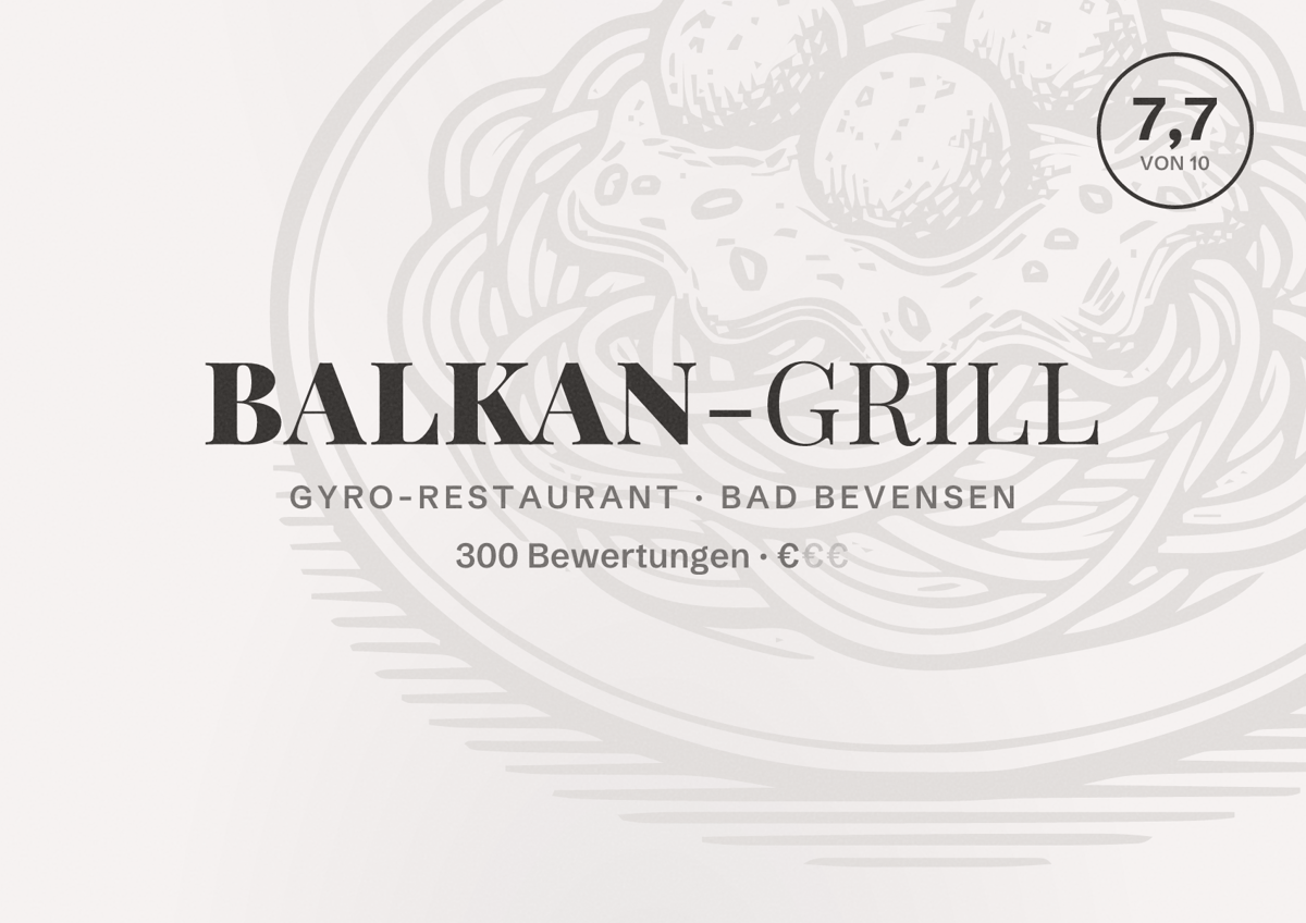 Illustriertes Poster von Balkan-Grill, Gyro-Restaurant in Bad Bevensen: Bewertung 7,7 von 10 aus 300 Bewertungen, Preisniveau €