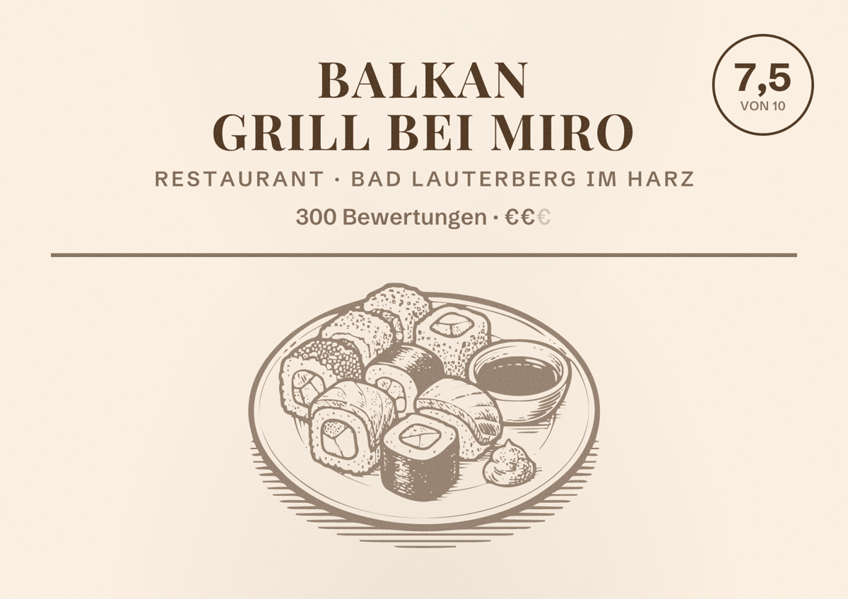 Illustriertes Poster von Balkan Grill bei Miro, Restaurant in Bad Lauterberg im Harz: Bewertung 7,5 von 10 aus 300 Bewertungen, Preisniveau €€