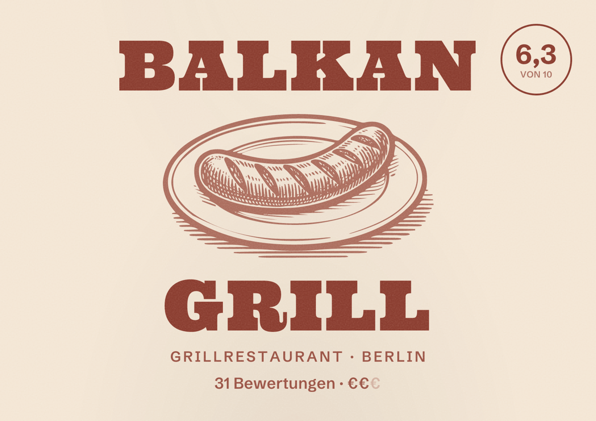 Illustriertes Poster von BALKAN GRILL, Grillrestaurant in Berlin: Bewertung 6,3 von 10 aus 31 Bewertungen, Preisniveau €€