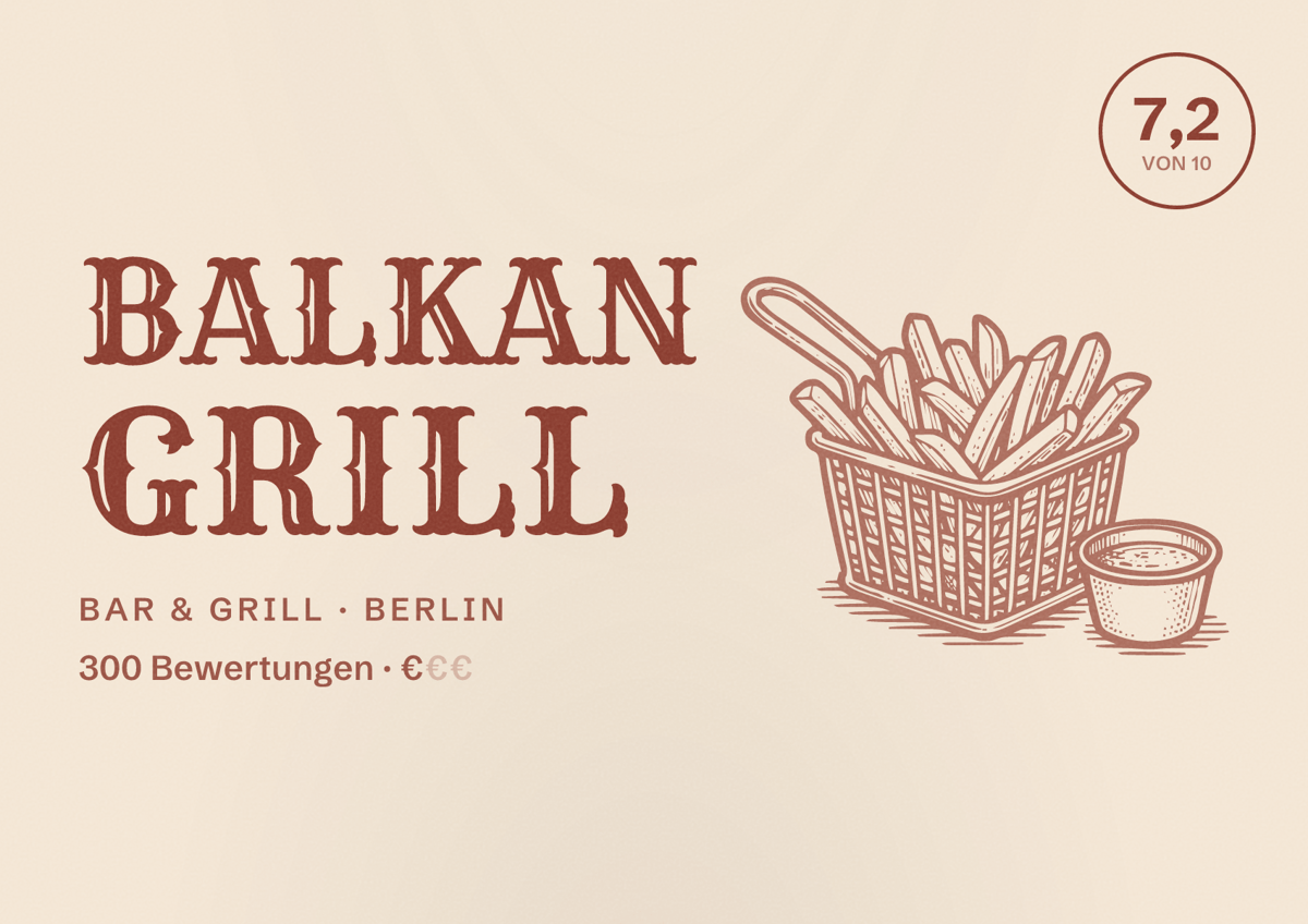Illustriertes Poster von Balkan Grill, Bar & Grill in Berlin: Bewertung 7,2 von 10 aus 300 Bewertungen, Preisniveau €