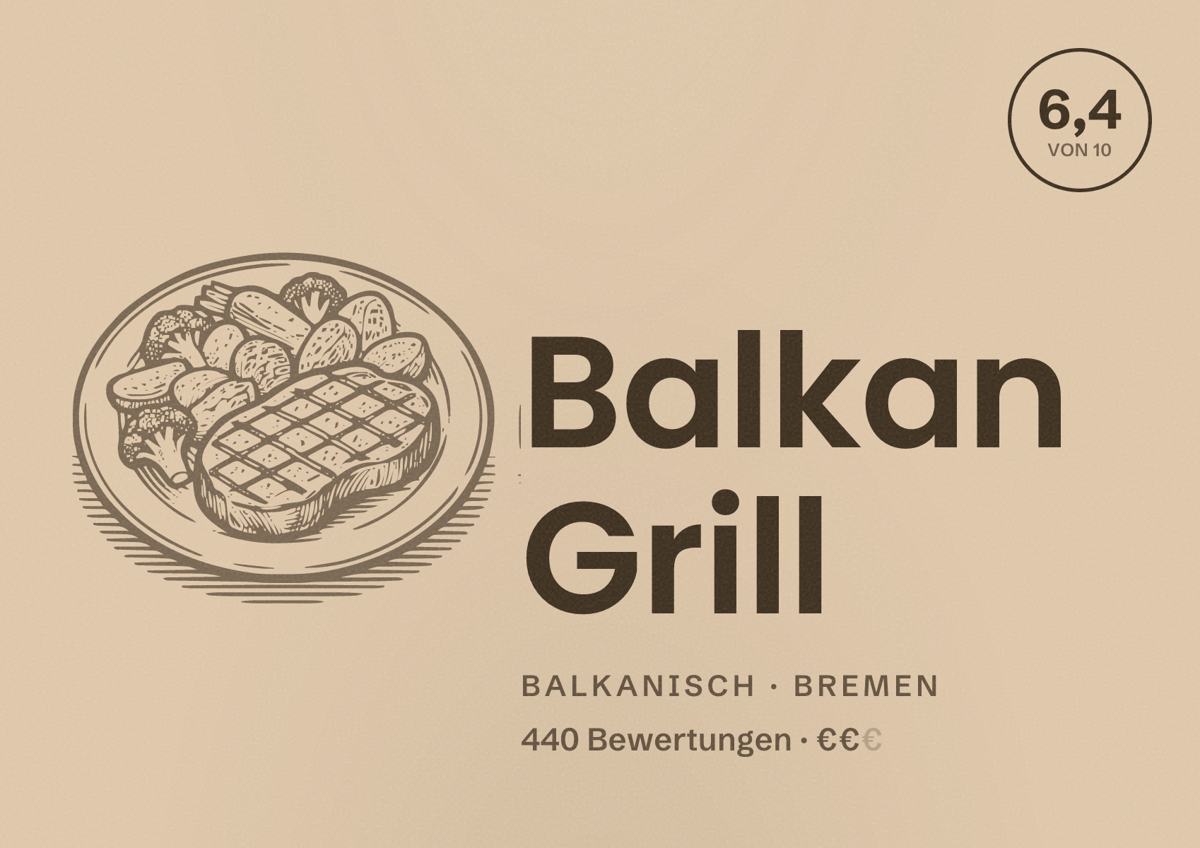 Illustriertes Poster von Balkan Grill, Balkanisch in Bremen: Bewertung 6,4 von 10 aus 440 Bewertungen, Preisniveau €€