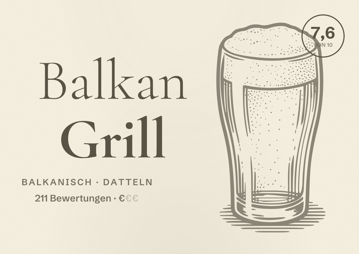 Illustriertes Poster von Balkan Grill, Balkanisch in Datteln: Bewertung 7,6 von 10 aus 211 Bewertungen, Preisniveau €