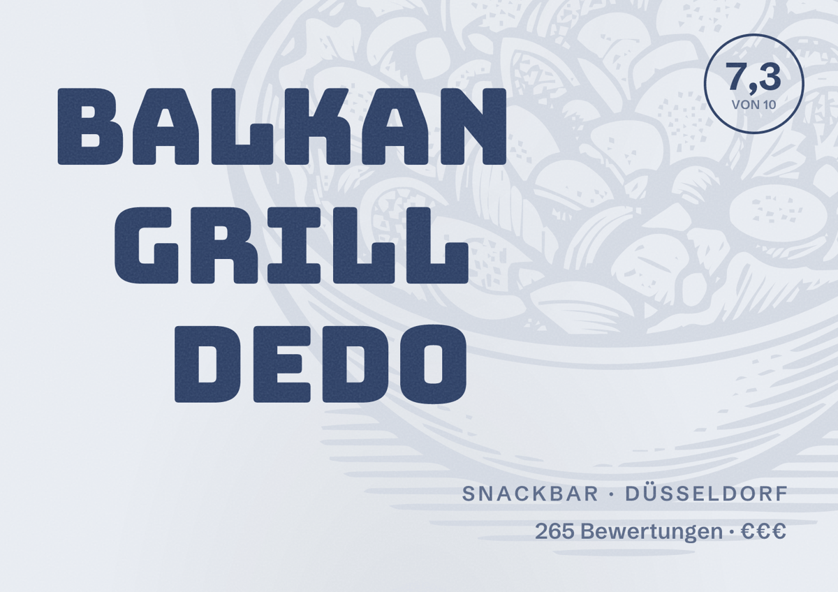 Illustriertes Poster von Balkan grill Dedo, Snackbar in Düsseldorf: Bewertung 7,3 von 10 aus 265 Bewertungen, Preisniveau €€€