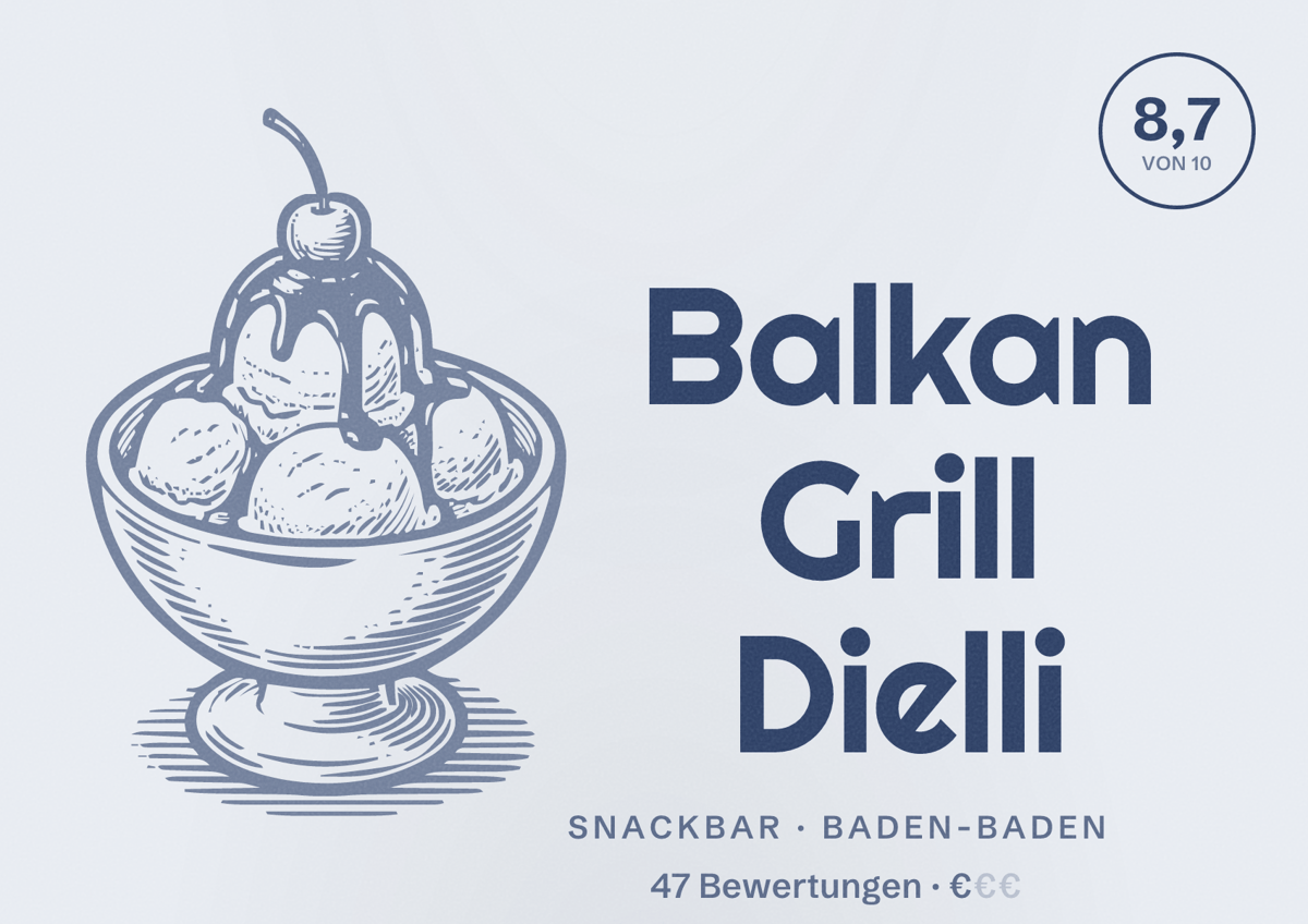 Illustriertes Poster von Balkan Grill Dielli, Snackbar in Baden-Baden: Bewertung 8,7 von 10 aus 47 Bewertungen, Preisniveau €