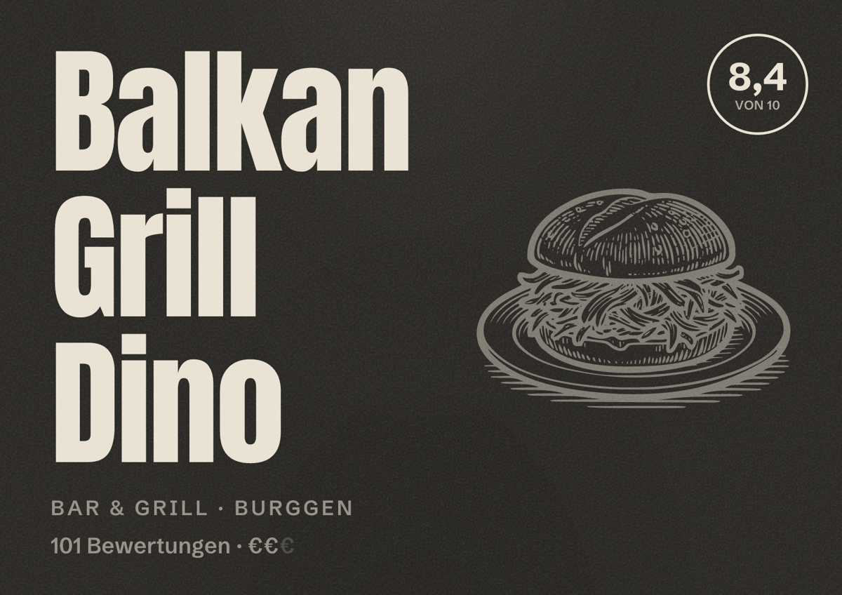 Illustriertes Poster von Balkan Grill Dino, Bar & Grill in Burggen: Bewertung 8,4 von 10 aus 101 Bewertungen, Preisniveau €€