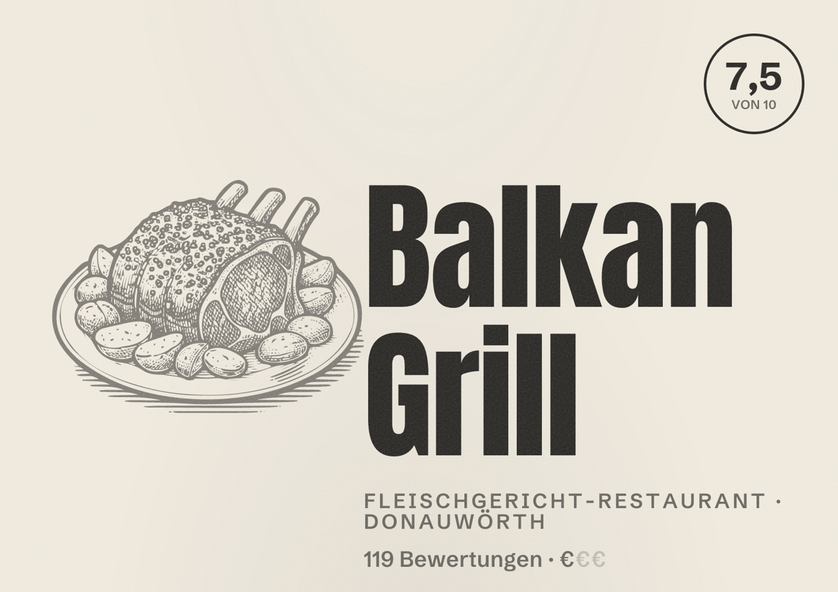Illustriertes Poster von Balkan Grill, Fleischgericht-Restaurant in Donauwörth: Bewertung 7,5 von 10 aus 119 Bewertungen, Preisniveau €