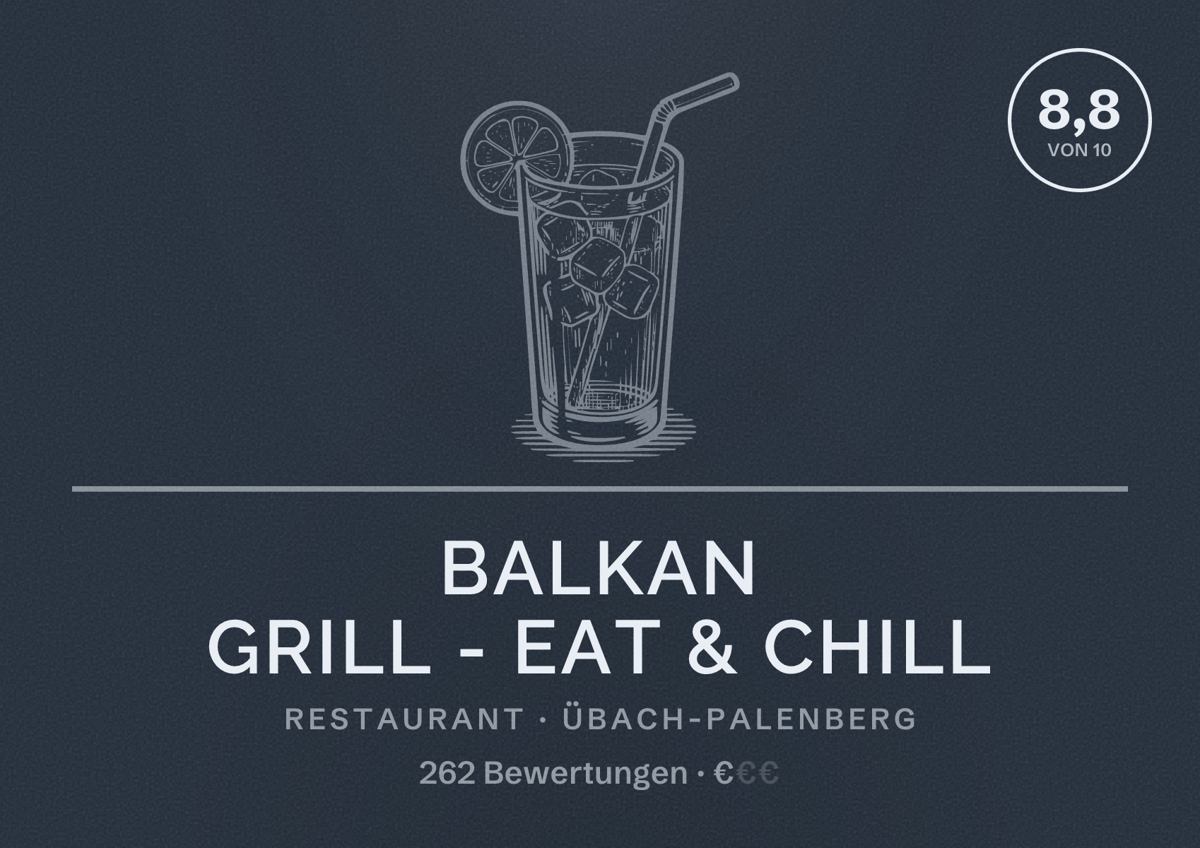 Illustriertes Poster von Balkan Grill - Eat & Chill, Restaurant in Übach-Palenberg: Bewertung 8,8 von 10 aus 262 Bewertungen, Preisniveau €