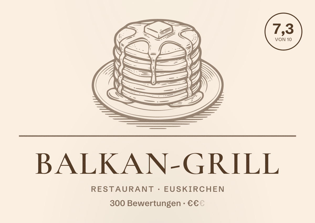 Illustriertes Poster von Balkan-Grill, Restaurant in Euskirchen: Bewertung 7,3 von 10 aus 300 Bewertungen, Preisniveau €€
