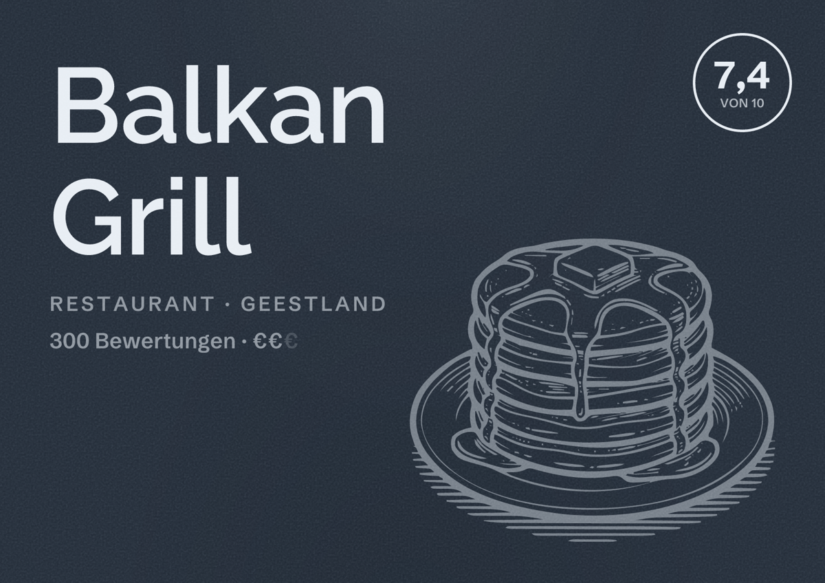 Illustriertes Poster von Balkan Grill, Restaurant in Geestland: Bewertung 7,4 von 10 aus 300 Bewertungen, Preisniveau €€