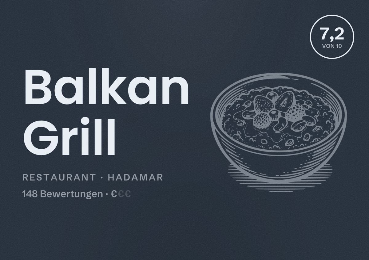 Illustriertes Poster von Balkan Grill, Restaurant in Hadamar: Bewertung 7,2 von 10 aus 148 Bewertungen, Preisniveau €