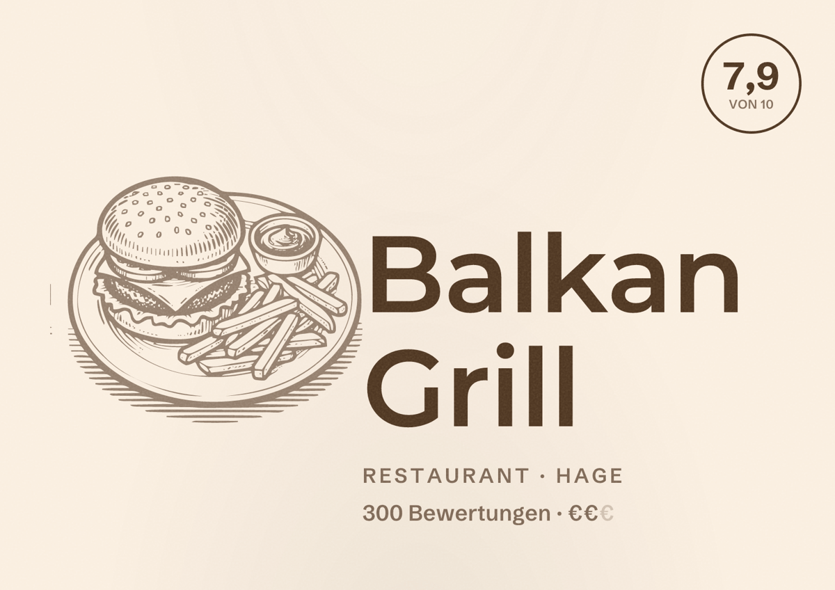 Illustriertes Poster von Balkan Grill, Restaurant in Hage: Bewertung 7,9 von 10 aus 300 Bewertungen, Preisniveau €€