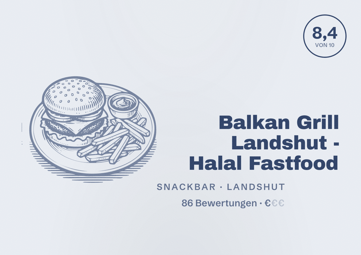 Illustriertes Poster von Balkan Grill Landshut - Halal Fastfood, Snackbar in Landshut: Bewertung 8,4 von 10 aus 86 Bewertungen, Preisniveau €