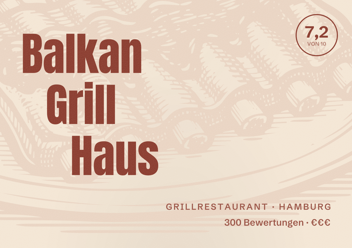 Illustriertes Poster von Balkan Grill Haus, Grillrestaurant in Hamburg: Bewertung 7,2 von 10 aus 300 Bewertungen, Preisniveau €€€