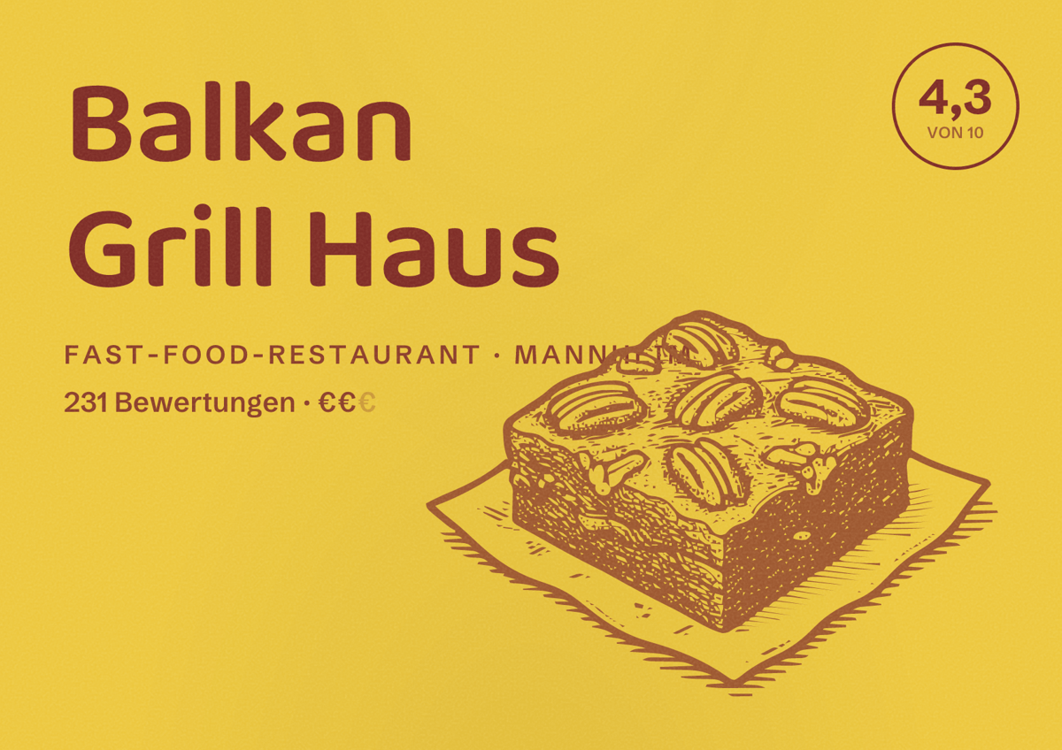Illustriertes Poster von Balkan Grill Haus, Fast-Food-Restaurant in Mannheim: Bewertung 4,3 von 10 aus 231 Bewertungen, Preisniveau €€