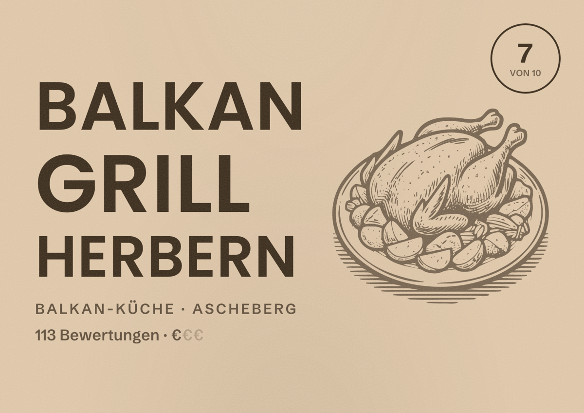 Illustriertes Poster von Balkan Grill Herbern, Balkan-Küche in Ascheberg: Bewertung 7 von 10 aus 113 Bewertungen, Preisniveau €