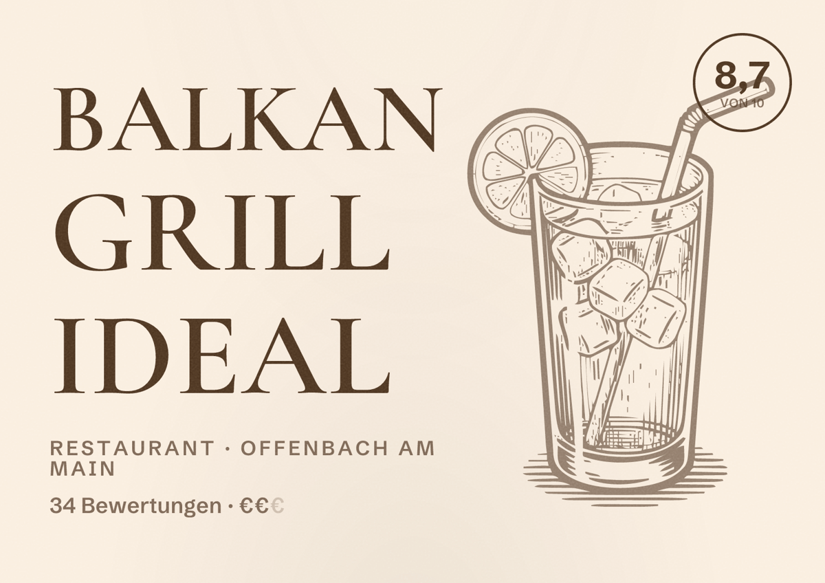 Illustriertes Poster von Balkan Grill Ideal, Restaurant in Offenbach am Main: Bewertung 8,7 von 10 aus 34 Bewertungen, Preisniveau €€