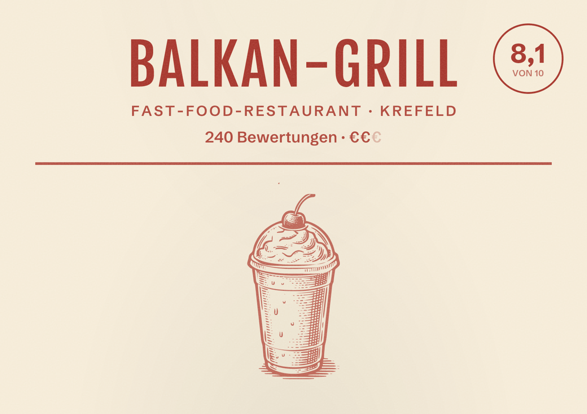 Illustriertes Poster von Balkan-Grill, Fast-Food-Restaurant in Krefeld: Bewertung 8,1 von 10 aus 240 Bewertungen, Preisniveau €€