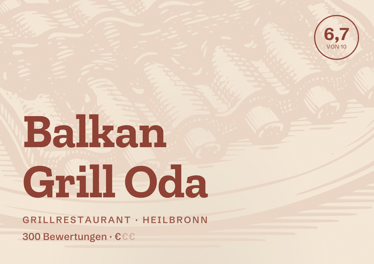 Illustriertes Poster von Balkan Grill Oda, Grillrestaurant in Heilbronn: Bewertung 6,7 von 10 aus 300 Bewertungen, Preisniveau €