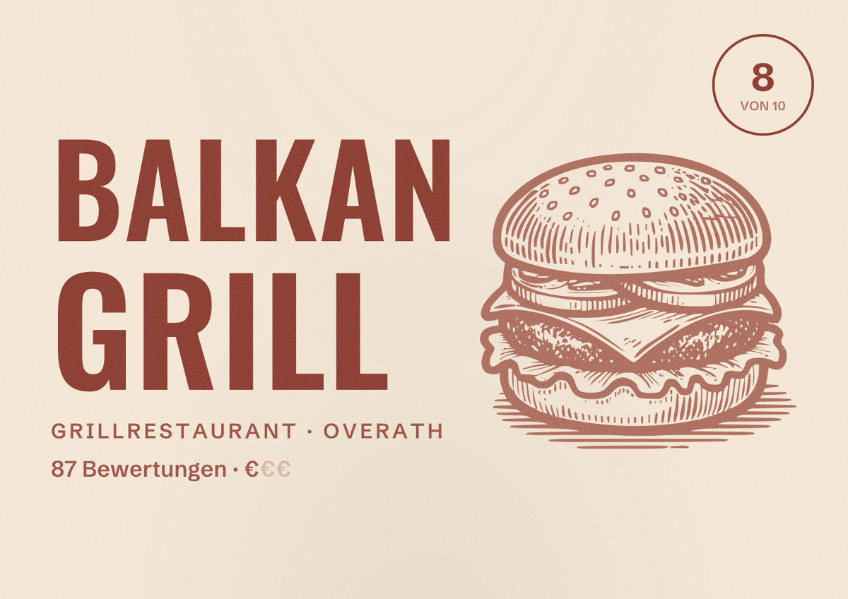 Illustriertes Poster von Balkan Grill, Grillrestaurant in Overath: Bewertung 8 von 10 aus 87 Bewertungen, Preisniveau €